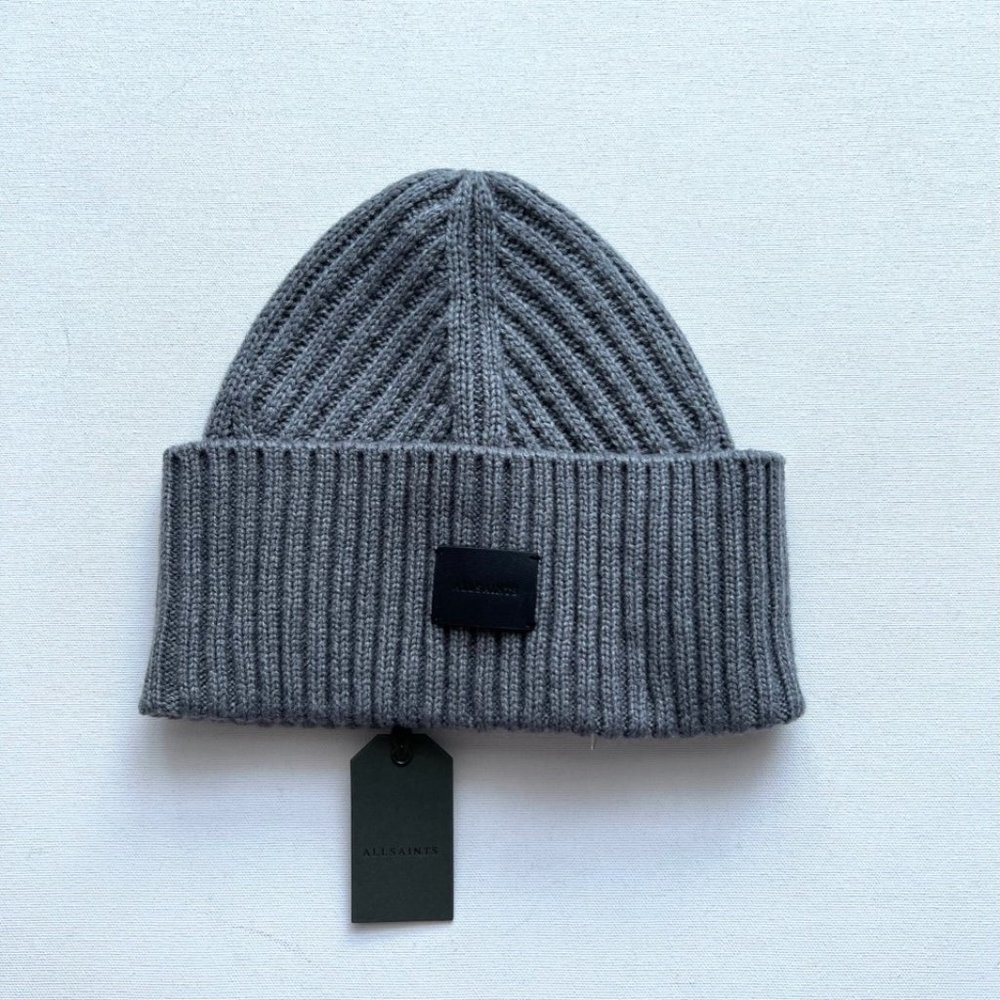 ALLSAINTS Travelling Rib Cuff Patch Beanie Hat Grey Marl
